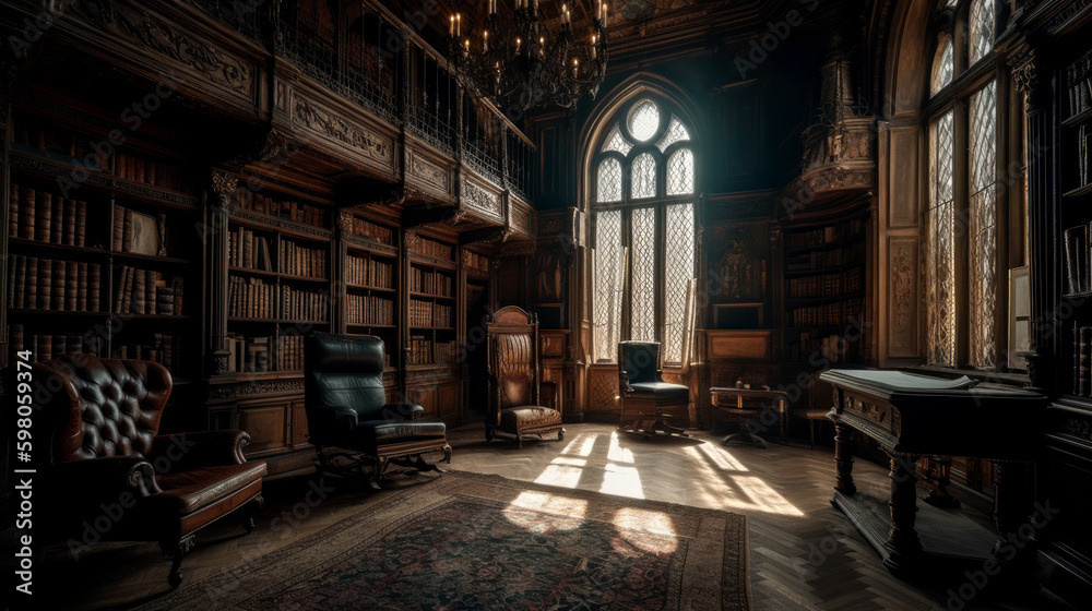 Gothic, interior of large library with many bookshelves, gothic reading room with desks, old mysterious castle, generative AI. Gothic, interior of large library with many bookshelves, gothic reading room with desks, old mysterious castle, generative AI.