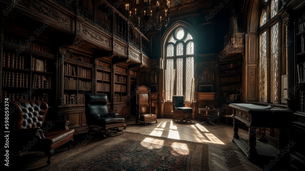 Gothic, interior of large library with many bookshelves, gothic reading room with desks, old mysterious castle, generative AI.