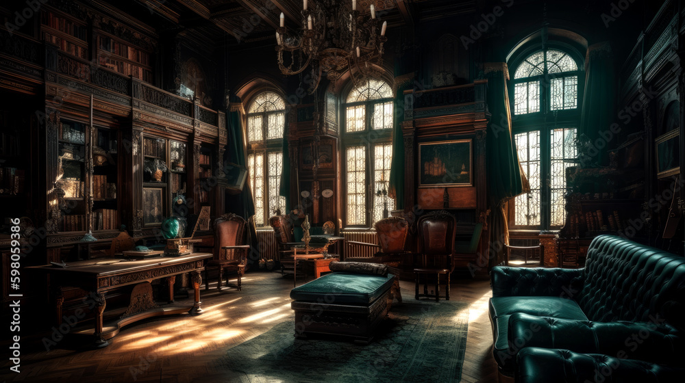Gothic, interior of large library with many bookshelves, gothic reading room with desks, old mysterious castle, generative AI.
