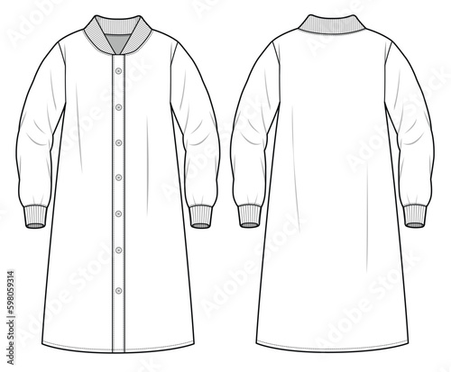 A-line tunic shirt front button closure, collar ribbed, long sleeve ribbed, front and back view vector template.
