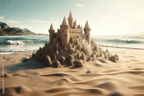Sandcastle on the beach. Generative AI. Fantasy landscape.