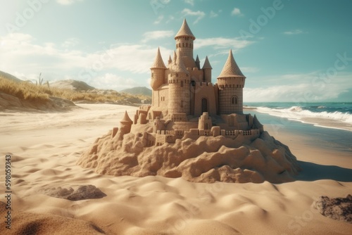 Sandcastle on the beach. Generative AI Illustration.