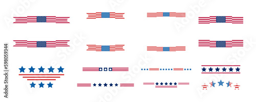 Independence Day United States frames and dividers. USA flag illustration, decorations - border lines. Memorial Day, traditional patriotic US icons for American national holiday. Veterans day USA set.