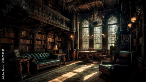 Gothic, interior of large library with many bookshelves, gothic reading room with desks, old mysterious castle, generative AI. © Eugen