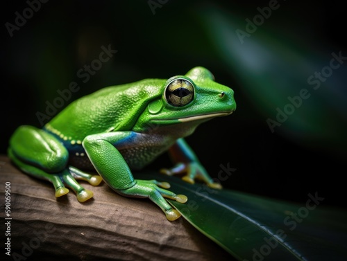 Vibrant Green Tree Frog Climbing Leaf in Lush Rainforest