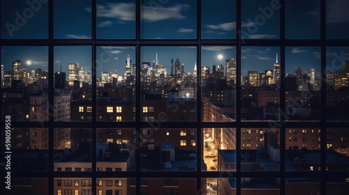  New York city panorama at night view from windows blurred light usa urban,generated ai