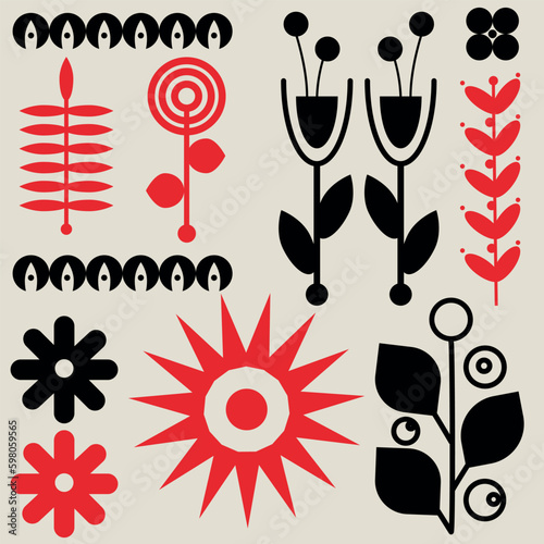 Reworded: Set of garden illustrations featuring birds and flowers with a retro style