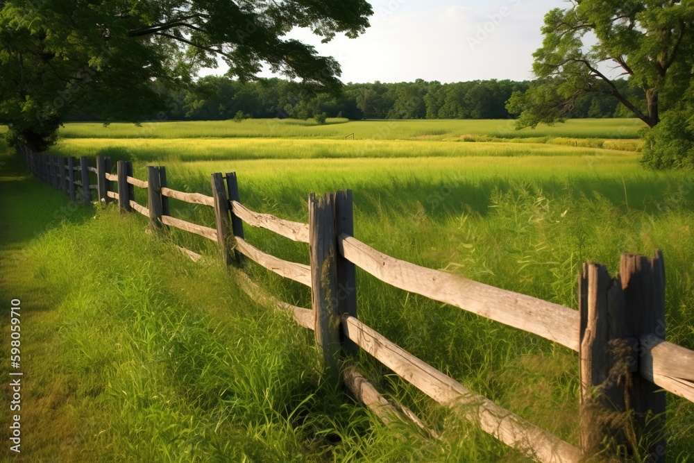 A wooden fence surrounding a field of green crops