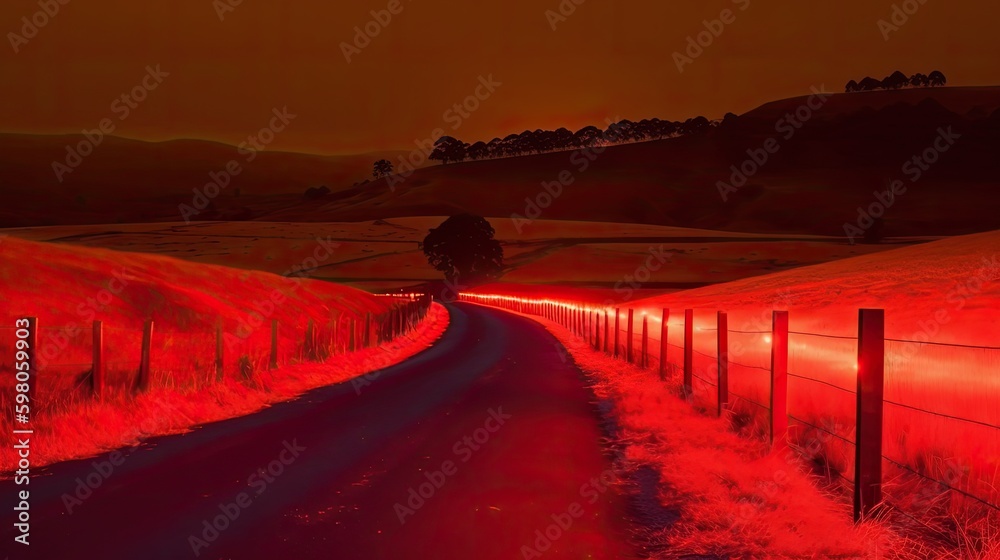 Fototapeta premium Beautiful landscape of rural area illuminated by red light. generative ai
