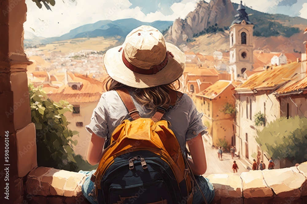 Back view of a female traveler sitting and observing the landscape of a beautiful town, painting, AI generated