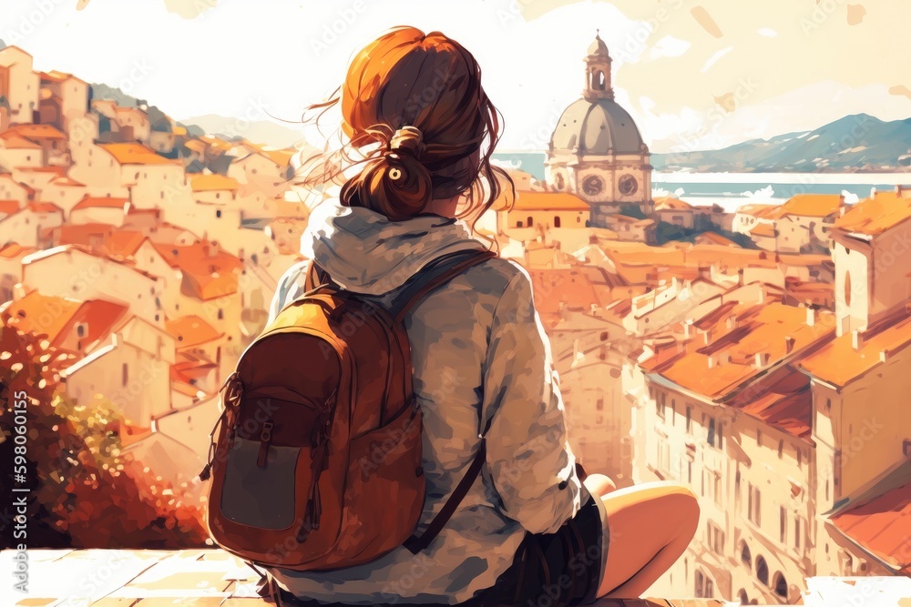 Back view of a female traveler sitting and observing the landscape of a beautiful town, painting, AI generated