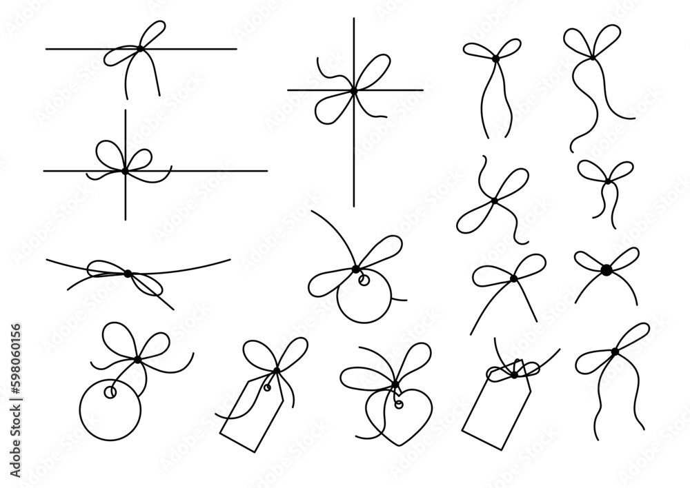 Bow with label tag for gift ribbon string vector silhouette icon set. Black  line art rope cord with knot and bow for birthday or holiday christmas  package decoration. Stock Vector