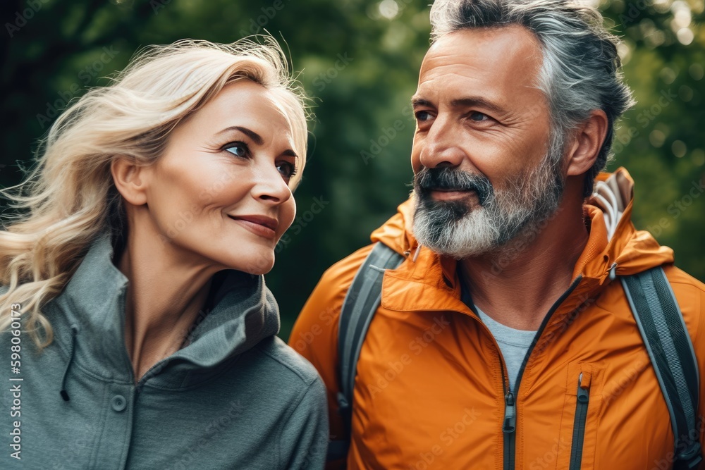 Fototapeta premium Middle aged love couple walking outside in a park, healthy, lifestyle, AI generated