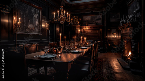 Gothic, interior of a large dark dining room, generative AI