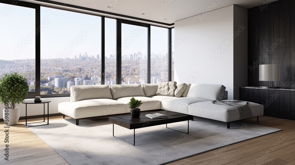 Fototapeta premium Minimalist living room with a white sofa, a wooden coffee table, and a large window with a view of the ocean. generative ai