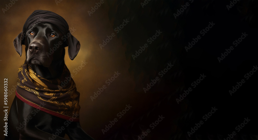 Black labrador in head scarf. Generative AI Black labrador in head scarf. Generative AI