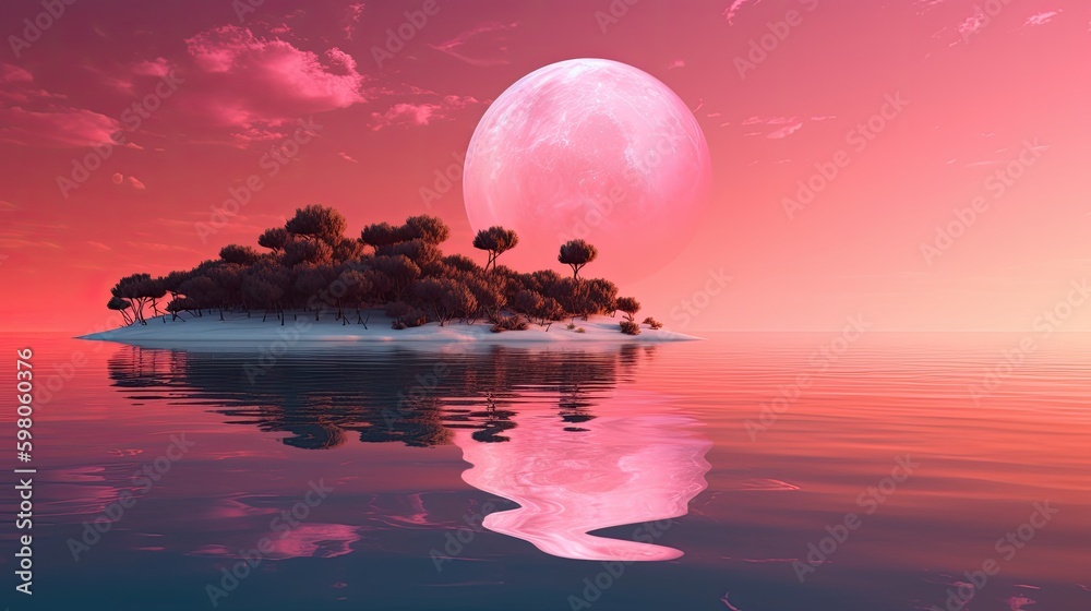 Pink planet over the sea. Reflection in the water. generative ai Pink planet over the sea. Reflection in the water. generative ai