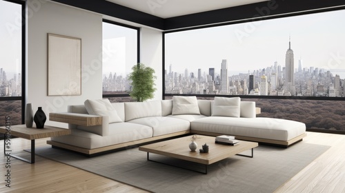 Minimalist living room with a white sofa  a wooden coffee table  and a large window with a view of the ocean. generative ai