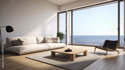 Minimalist living room with a white sofa, a wooden coffee table, and a large window with a view of the ocean. generative ai © Neo