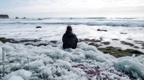 Person sitting in the ice plant by the ocean. generative ai
