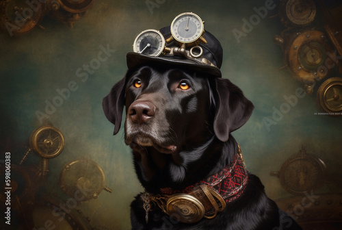 Black labrador in cylinder hat, portrait in steampunk style. Generative AI