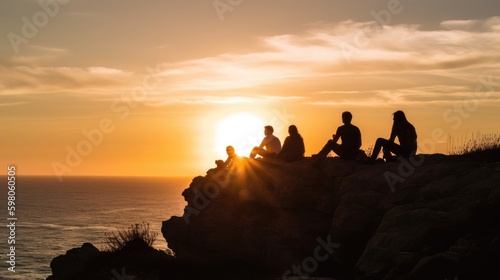 Silhouettes from a group of friends meeting in the cliffs to watch sun going down. generative ai