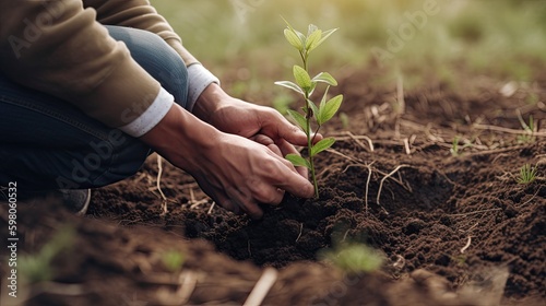 Volunteer Holding Seedling In Hands Volunteer planting seedling into ground. generative ai