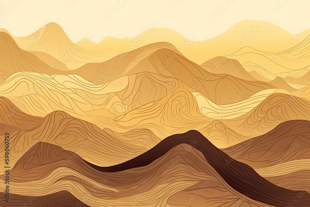 Minimalistic orange-red mountainous abstract with gold accents for stylish decor, postcards, or celebratory posters. Generative AI