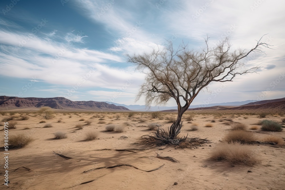 Gradually withering, expansive single tree grappling with harsh arid environment. Generative AI Gradually withering, expansive single tree grappling with harsh arid environment. Generative AI