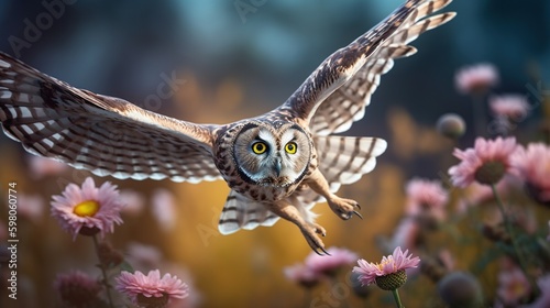 Stunning illustration of flying owl on spring field full of bright wild flowers. Forest bird portrait. Splash screen or sketchbook cover template. Outdoor background. Generated with AI.