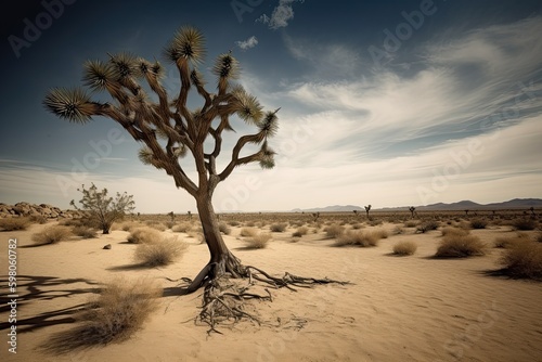 Gradually withering, expansive single tree grappling with harsh arid environment. Generative AI