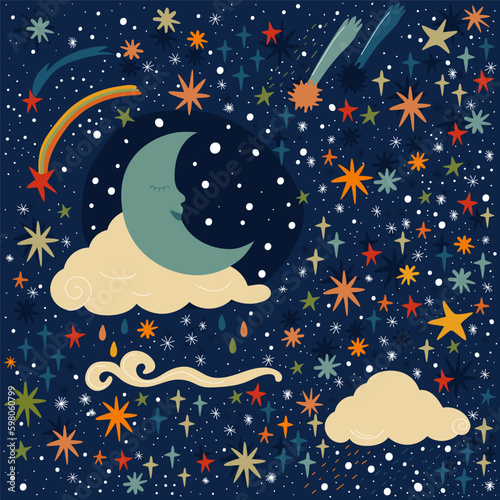 Night sky with colorful stars and sleeping moon cartoon vector illustration, sweet dreams concept.
