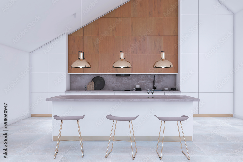 Contemporary white loft kitchen studio interior. Designs concept. 3D Rendering.