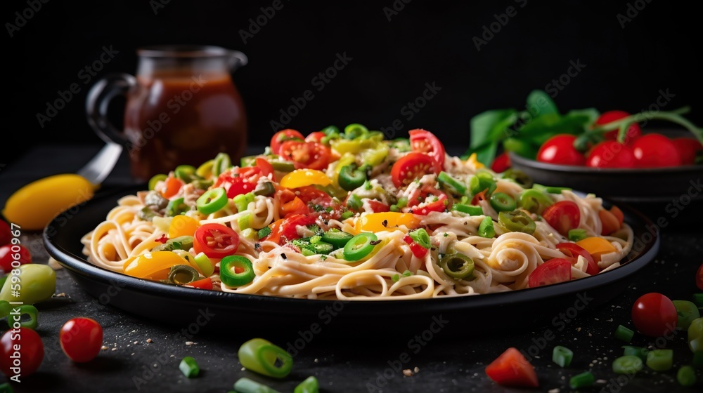 Delicious and tasty spaghetti with tomatoes and green onion on black background with copy space. Generated with AI.