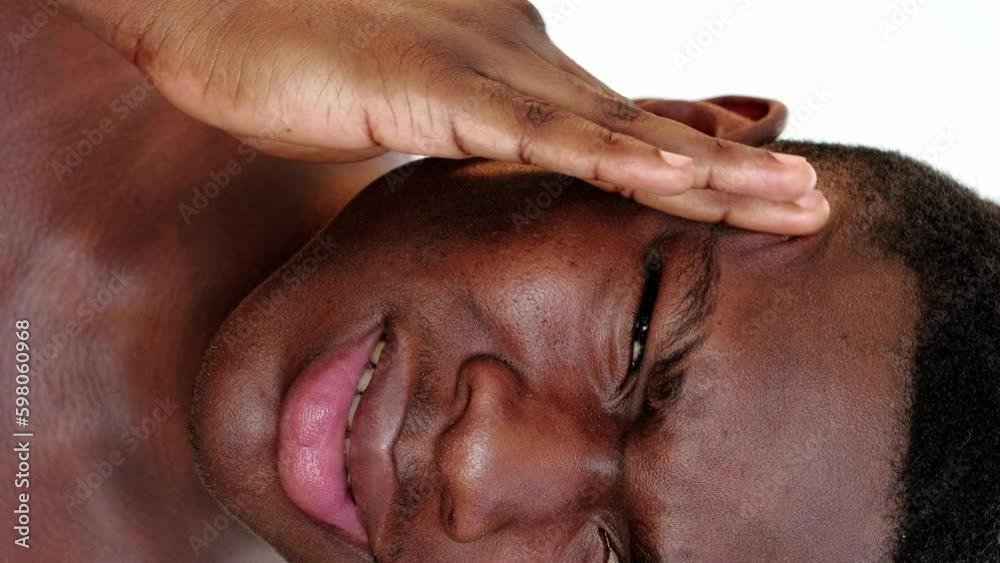 Vertical video. Morning headache. Skin stress. Pressure anxiety. Closeup of unwell dissatisfied man touching face massaging temples suffering from pain. Generative AI Vertical video. Morning headache. Skin stress. Pressure anxiety. Closeup of unwell dissatisfied man touching face massaging temples suffering from pain. Generative AI