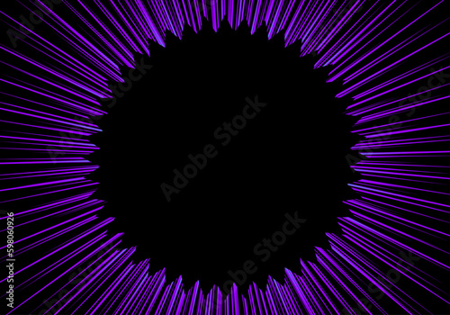 Círculo negro con rayos morados sobre fondo negro