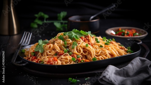 Delicious and tasty spaghetti with tomatoes and green onion on black background with copy space. Generated with AI.