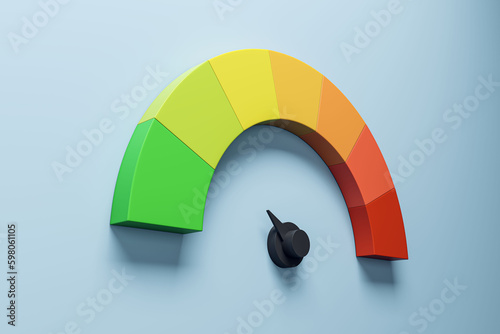 Abstract colorful speedometer scale on blue background. Performance, pointer rating risk levels, meter, tachometer. 3D Rendering. photo