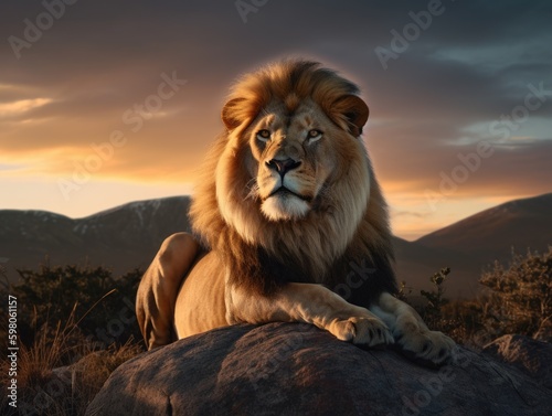 Sunset Majesty: Powerful Lion Perched on Rocky Outcrop