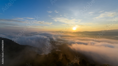 sea of mist and sunrise, view from Aiyoeweng View Point, Yala Province, Thailand