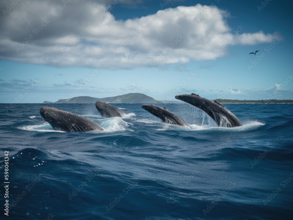 Fototapeta premium Breaching Humpback Whales in Turquoise Lagoon, Vavau Island, Tonga