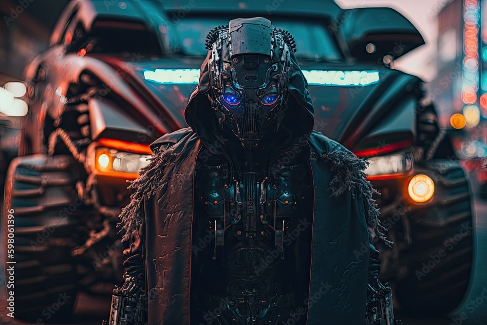 cyberpunk robot standing against a car. generative ai