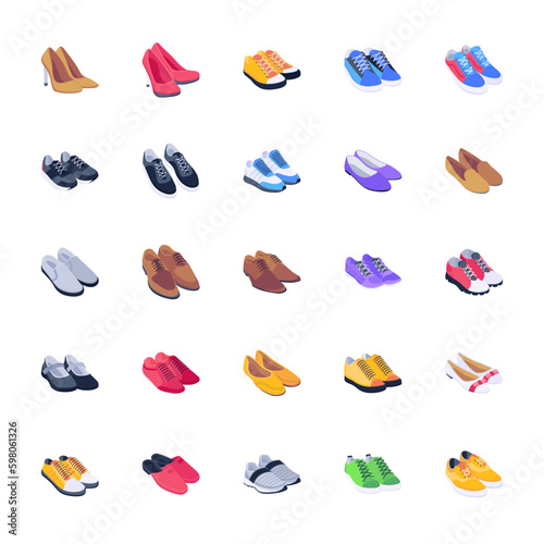 Shoes and Footwear Set Vector. Fashionable Shoes. Boots. For Man And Woman. Web Icon. Flat Cartoon Isolated Illustration