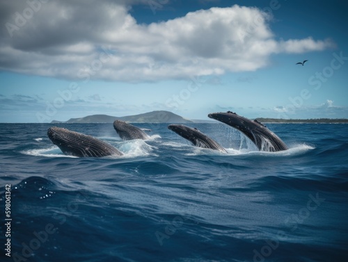 Breaching Humpback Whales in Turquoise Lagoon, Vavau Island, Tonga © Elias