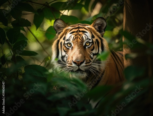 Enchanting Bengal Tiger Camouflaged in Lush Jungle Foliage © Elias