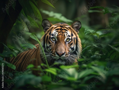 Jungle Majesty: Stunning Bengal Tiger in Vibrant Foliage