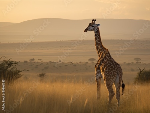 Towering Majesty  A Lone Giraffe in the Golden African Savanna