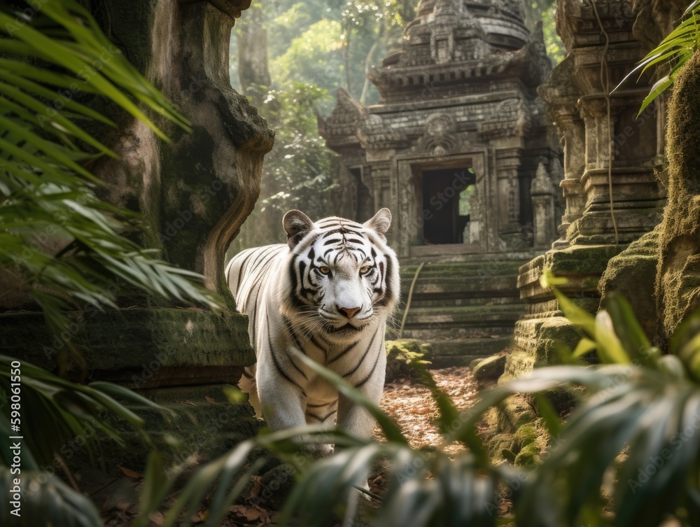 White Tiger Roaming in Cambodian Temple Gardens White Tiger Roaming in Cambodian Temple Gardens