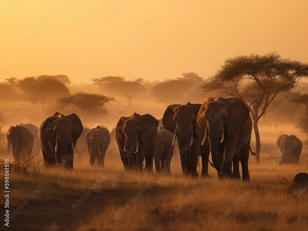 Golden Sunset Safari: Majestic Elephants Roaming the African Savanna