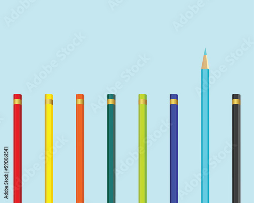 Cyan color pencil and colorful pencils on blue pastel background. minimal creative concept. The idea about the business leadership  think different.